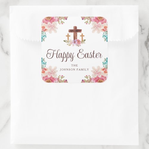 Happy Easter Floral Watercolor Religious Cross Square Sticker