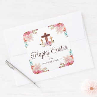 Happy Easter Floral Watercolor Religious Cross 