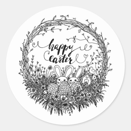 Happy Easter Floral Wreath Art Classic Round Sticker