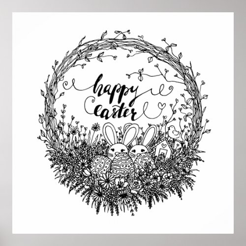 Happy Easter Floral Wreath Art Poster