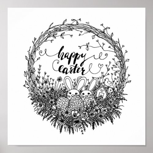 Happy Easter Floral Wreath Art Poster