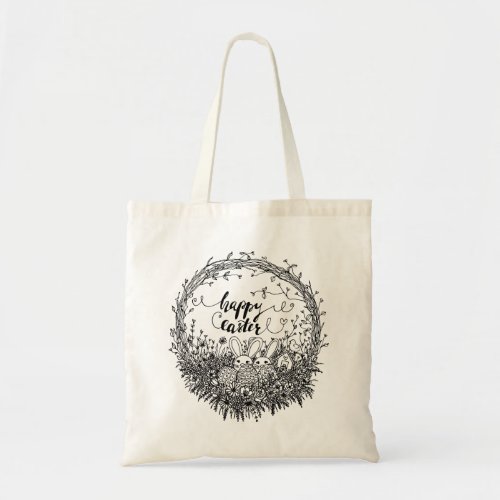 Happy Easter Floral Wreath Art Tote Bag