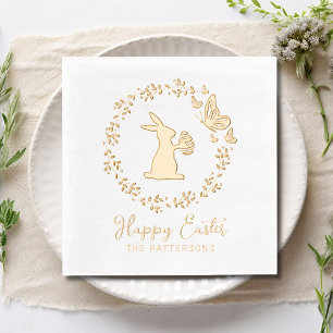 Happy Easter Floral Wreath Bunny Butterflies Name Foil Napkins