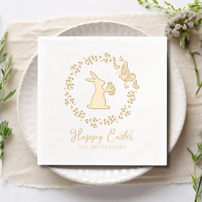 Happy Easter Floral Wreath Bunny Butterflies Name Foil Napkins (Creator Uploaded)