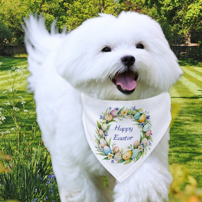 Happy Easter Floral Wreath Dog Pet Bandana Collar (A cute pet bandana with Easter egg wreath design in a watercolor style)