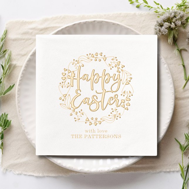 Happy Easter Floral Wreath Personalized Name Foil Napkins (Creator Uploaded)