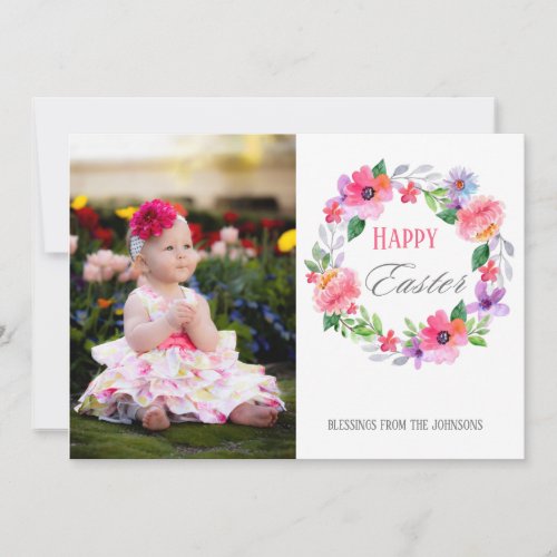 Happy Easter Floral Wreath Spring Photo Holiday Card