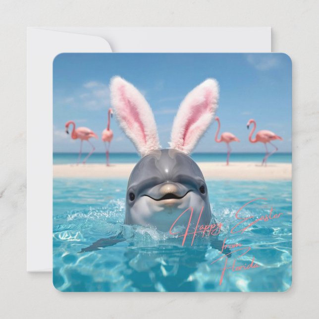 Happy Easter Florida Beach Flamingos and Dolphin Holiday Card (Front)