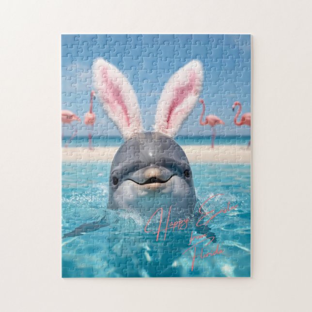 Happy Easter Florida Beach Flamingos and Dolphin Jigsaw Puzzle (Vertical)