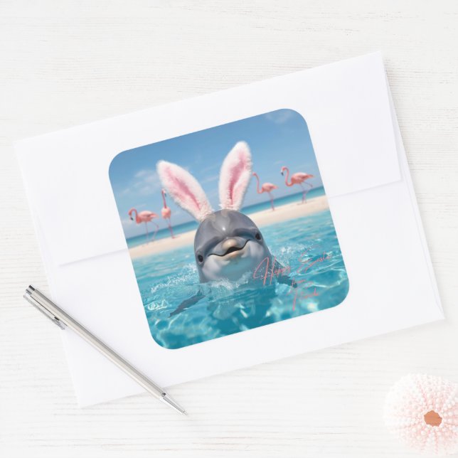 Happy Easter Florida Beach Flamingos and Dolphin Square Sticker (Envelope)