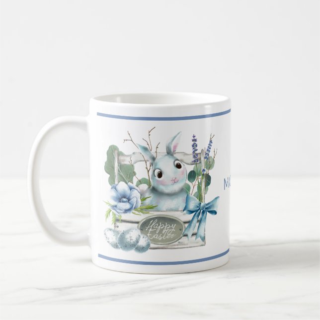 Happy Easter Flower Blue Bunny Rabbit Personalized Coffee Mug (Left)