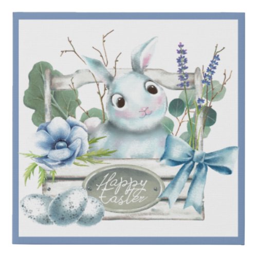 Happy Easter Flower Box Blue Bunny Rabbit Faux Canvas Print