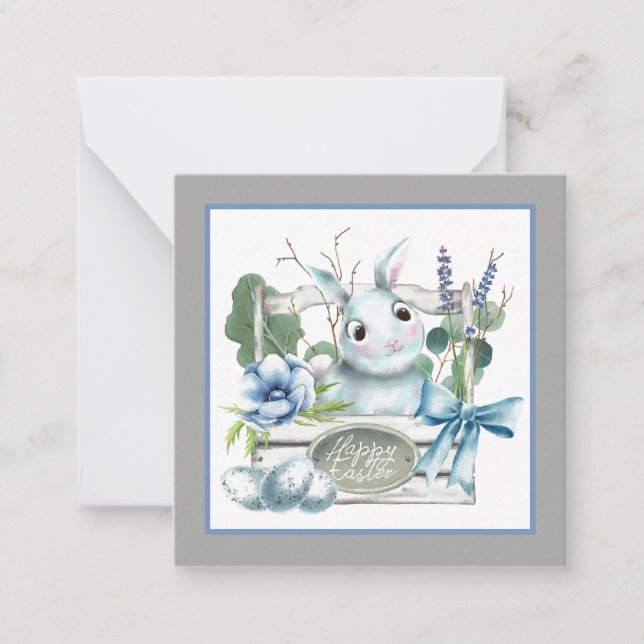 Happy Easter Flower Box Blue Bunny Rabbit Note Card (Front)