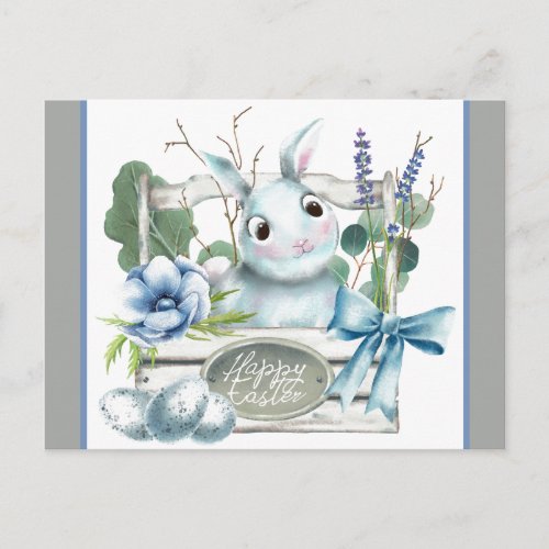 Happy Easter Flower Box Blue Bunny Rabbit Postcard
