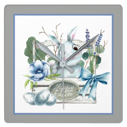 Happy Easter Flower Box Blue Bunny Rabbit Square Wall Clock