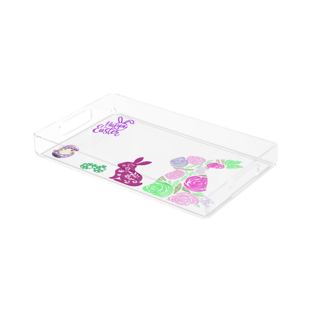 "HAPPY EASTER" FLOWERED BUNNY'S ACRILIC TRAY (Angled)