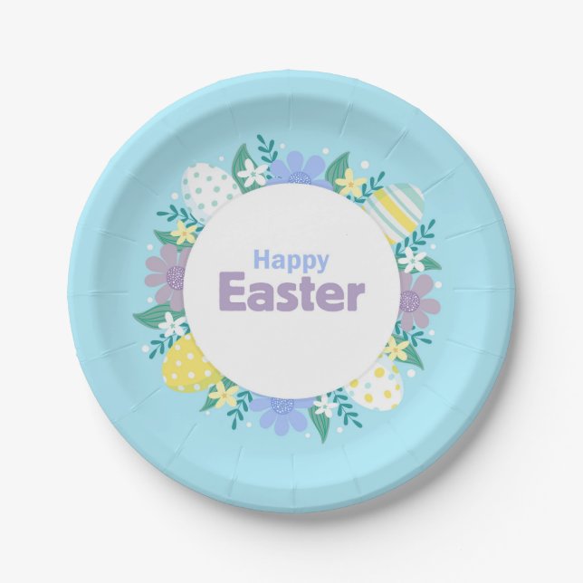 Happy Easter Flowers and Eggs  Paper Plates (Front)