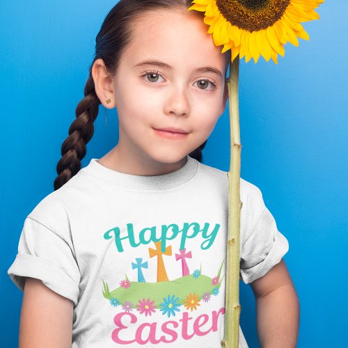 Happy Easter Flowers Christian Cross Cute Kids T_Shirt