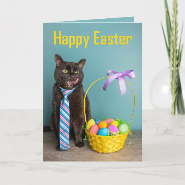 Happy Easter For Anyone Black Cat in Tie With Bask Holiday Card (Front)