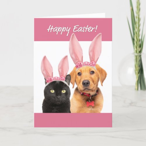 Happy Easter For Anyone Cat and Dog in Bunny Ears Holiday Card