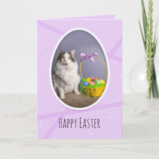 Happy Easter For Anyone Cute Cat With Basket  Holiday Card (Front)