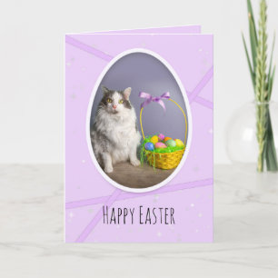 Happy Easter For Anyone Cute Cat With Basket Holiday Card