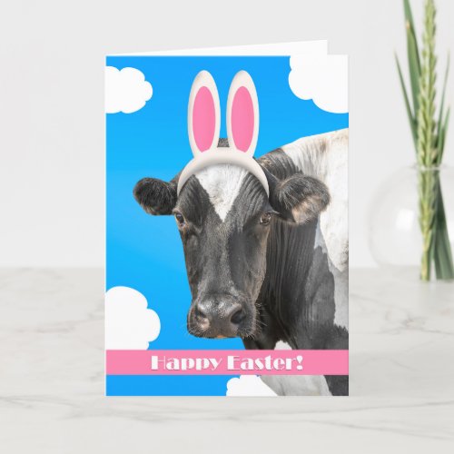 Happy Easter For Anyone Funny Cow in Bunny Ears  Holiday Card