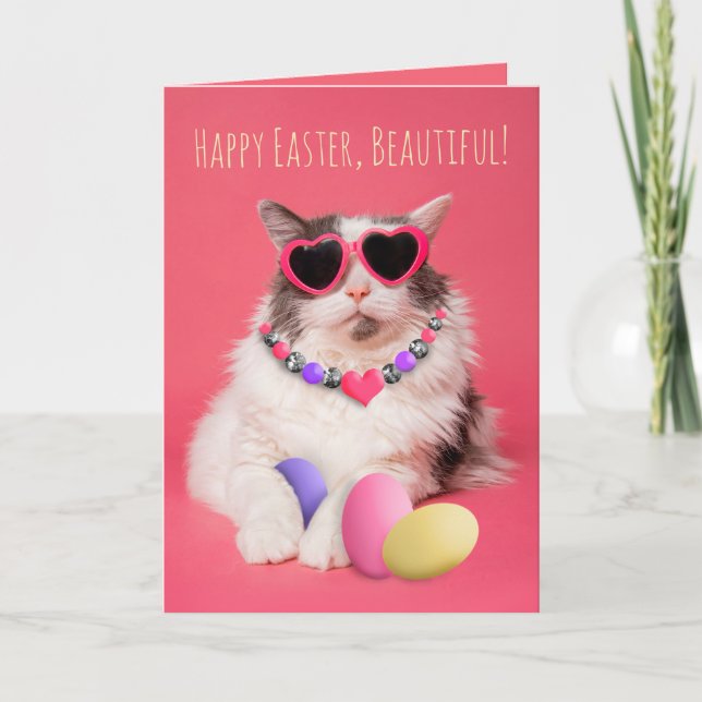Happy Easter For Anyone Glamorous Cat With Eggs  Holiday Card (Front)