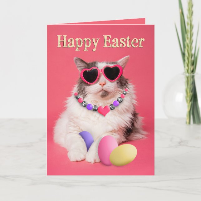 Happy Easter For Anyone Glamorous Cat With Eggs  Holiday Card (Front)