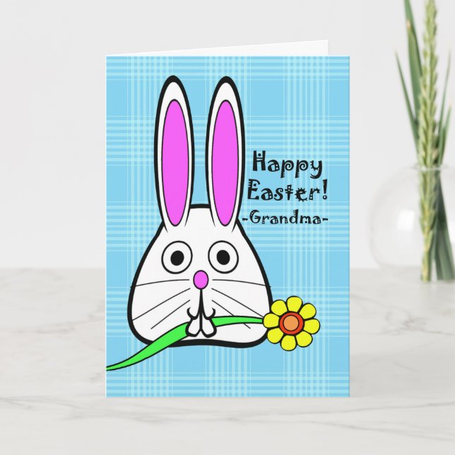 Happy Easter for Grandma, Cute Rabbit with Flower Holiday Card (Front)