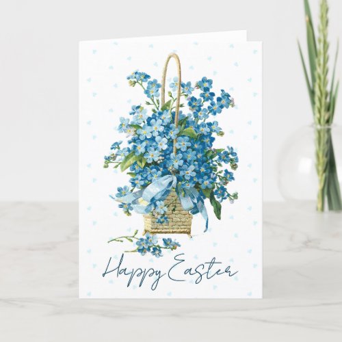 Happy Easter Forget Me Not Blue Flower Basket Holiday Card