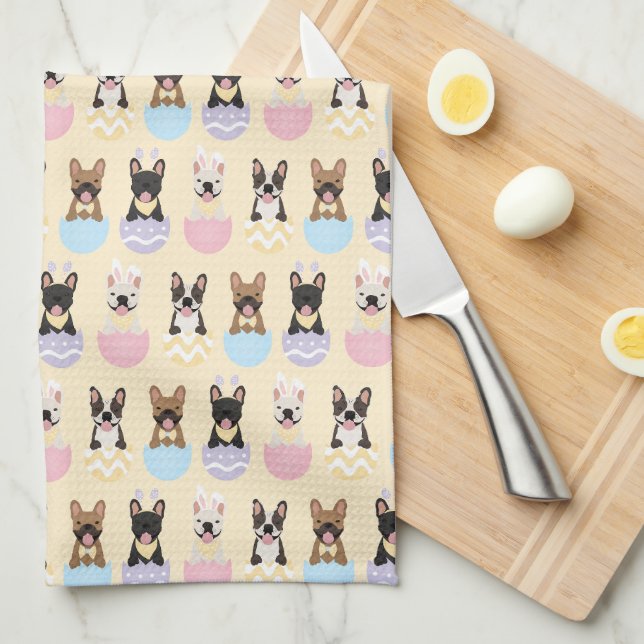 Happy Easter French Bulldog Pattern Kitchen Towel (Quarter Fold)