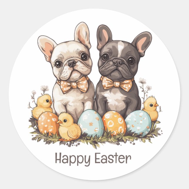 Happy Easter French Bulldogs Classic Round Sticker (Front)