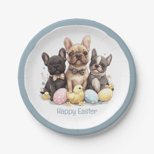 Happy Easter French Bulldogs Paper Plates (Front)