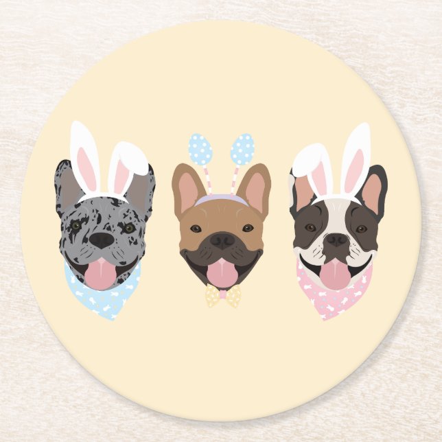 Happy Easter French Bulldogs Round Paper Coaster (Front)
