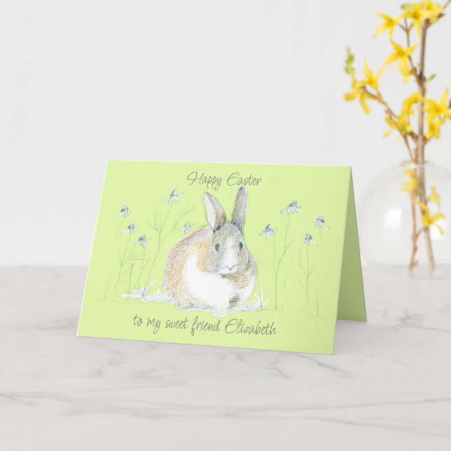 Happy Easter Friend Rabbit Custom Name Personalize Card (Yellow Flower)