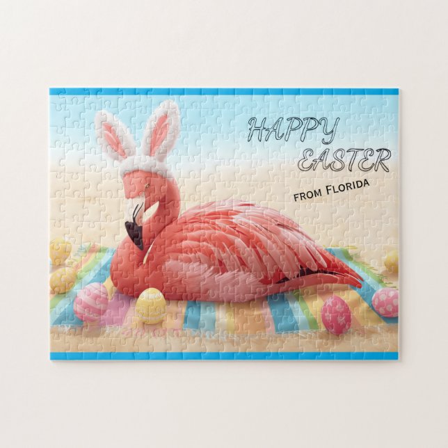 Happy Easter from Florida Flamingo Bunny on Beach  Jigsaw Puzzle (Horizontal)