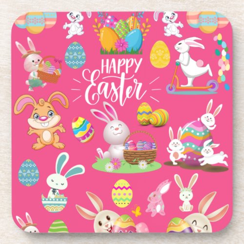 Happy Easter Funny Bunny Wishes And Colorful Eggs Beverage Coaster