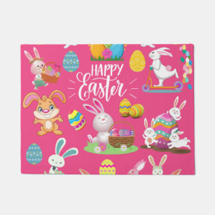 Happy Easter ,Funny Bunny Wishes And Colorful Eggs Doormat