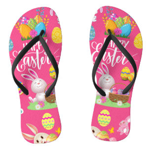 Happy Easter ,Funny Bunny Wishes And Colorful Eggs Flip Flops