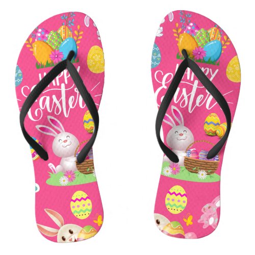 Happy Easter Funny Bunny Wishes And Colorful Eggs Flip Flops