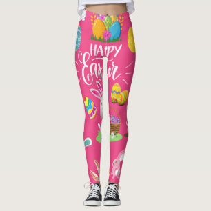 Happy Easter ,Funny Bunny Wishes And Colorful Eggs Leggings