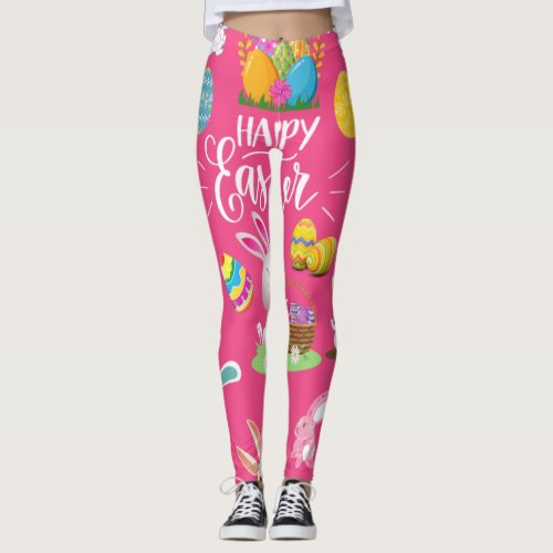 Happy Easter Funny Bunny Wishes And Colorful Eggs Leggings