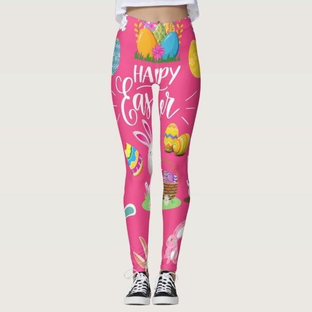 Happy Easter ,Funny Bunny Wishes And Colorful Eggs Leggings (Front)