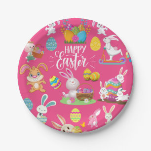 Happy Easter ,Funny Bunny Wishes And Colorful Eggs Paper Plates