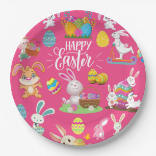 Happy Easter ,Funny Bunny Wishes And Colorful Eggs Paper Plates