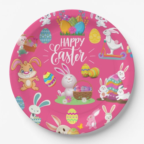 Happy Easter Funny Bunny Wishes And Colorful Eggs Paper Plates
