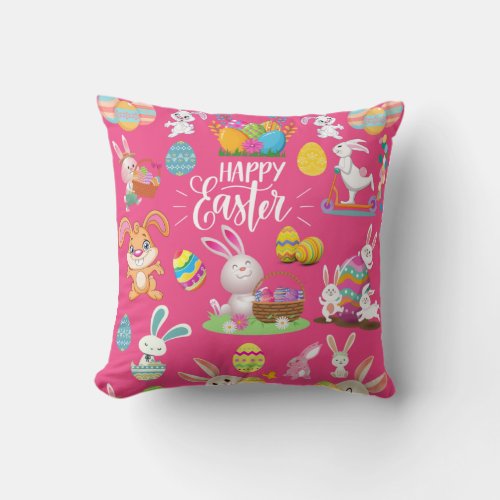 Happy Easter Funny Bunny Wishes And Colorful Eggs Throw Pillow