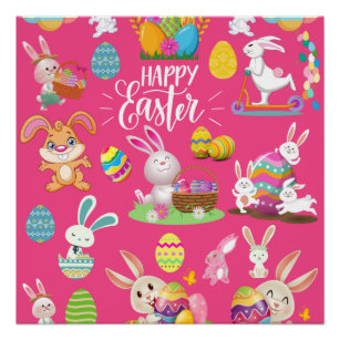 Happy Easter ,Funny Bunny Wishes And Colorful    Poster