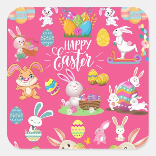 Happy Easter Funny Bunny Wishes And Colorful   Square Sticker